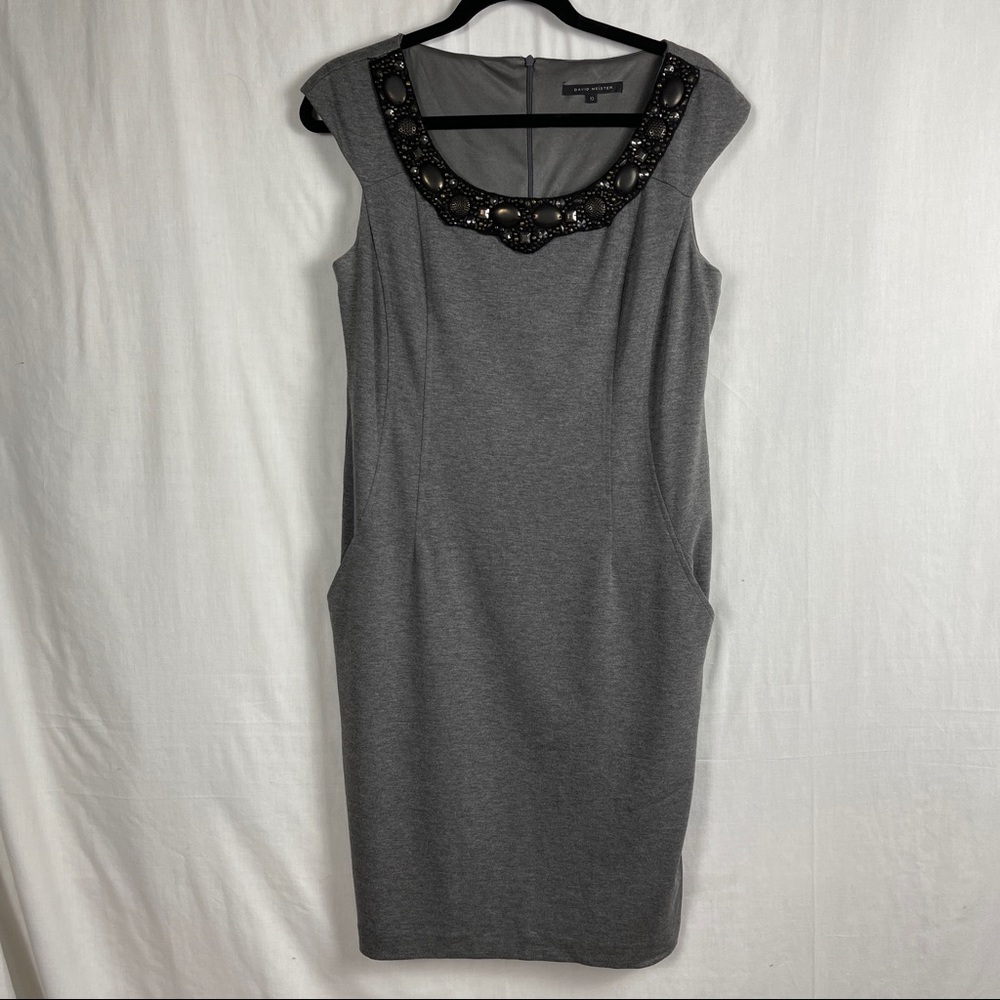 David Meister Lined Grey Cap Sleeved Embellished Neckline Sheath Dress